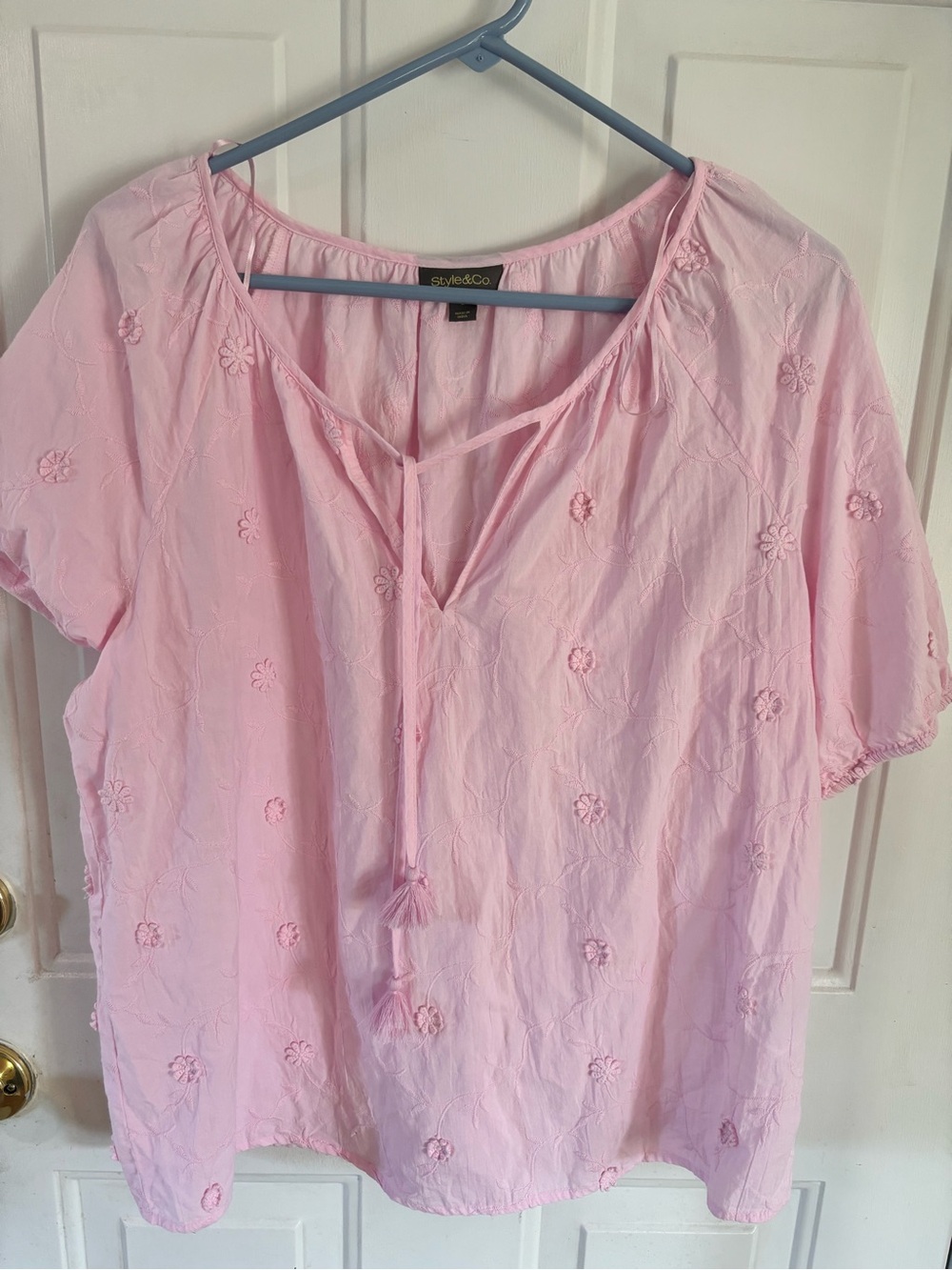 Style & Co. Light Pink Embroidered Tie-Front Peasant Blouse
